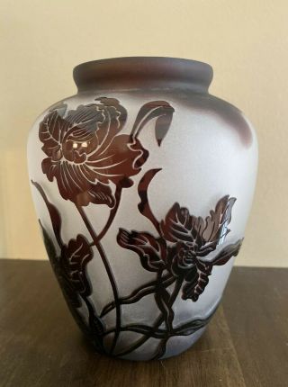 Art Glass Cameo Vase Amethyst Colored Floral 6 1/2” Tall Frosted