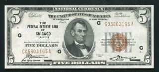 Fr.  1850 - G 1929 $5 Frbn Federal Reserve Bank Note Chicago,  Il About Unc (b)