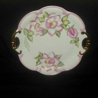 P T Bavaria Hand Painted Cake Plate Pink Border Rim Pink Magnolia Flowers