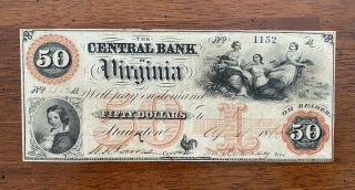 1860 $50 The Central Bank Of Virginia Staunton Va.  Obsolete Note