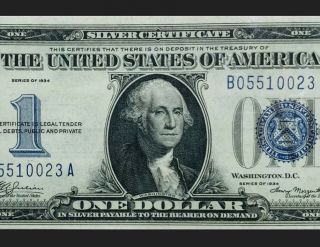 1934 $1 Silver Certificate,  Funny Back Blue Seal Gr8 Embossing Uncirculated Note