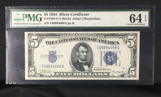 1934 $5 Silver Certificate Pmg 64epq Fr 1650 Ca Block Serial C09894098a