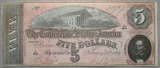 Civil War Relic Confederate $5.  00 Note,  Cond.  Unbent & Unwrinkled.