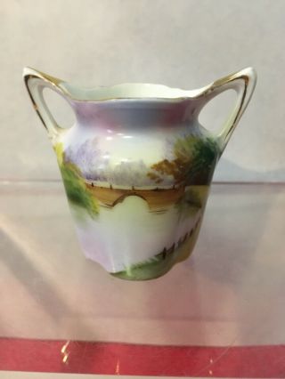 Nippon Hand Painted River Scene Small Urn Vase With Handles Green Wreath