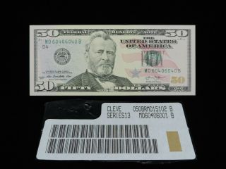 2013 $50 Us Frn Dollar Bank Note Md 60406040 B Repeater Note Unc Cu D4