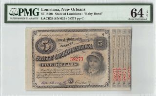 United States,  Louisiana 1874 Pmg Choice Unc 64 Epq 5 Dollars Baby Bond