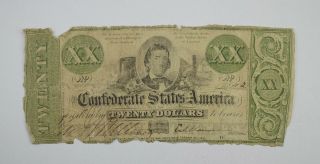 1861 $20 Confederate States Of America Note - T - 21 - Civil War Era 3603