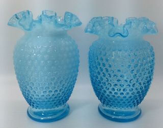 Fenton? Set Of 2 Vintage Blue Opalescent Hobnail Bud Vases Ruffled Top 6 1/4”.