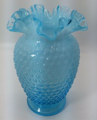 Fenton? Set of 2 Vintage Blue Opalescent Hobnail Bud Vases Ruffled Top 6 1/4”. 2