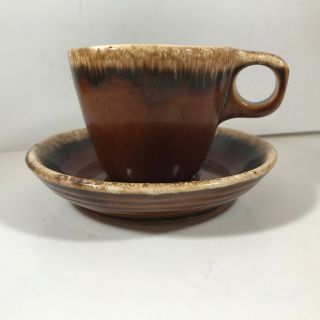 Vintage Hull Pottery Brown Drip Glaze Coffee Cup And Saucer