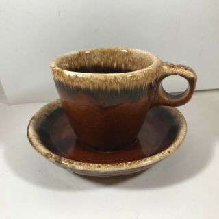 Vintage HULL Pottery Brown Drip Glaze Coffee Cup and Saucer 2