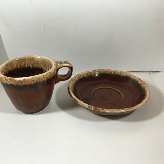 Vintage HULL Pottery Brown Drip Glaze Coffee Cup and Saucer 3