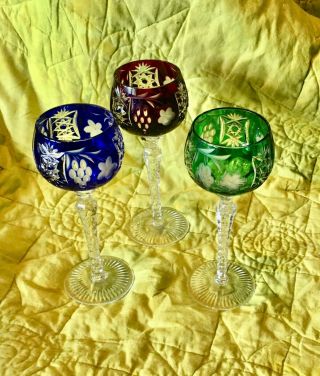 Set 3 Bohemian Cut To Clear Wine Hock Goblets 8 - 1/2 " T Ajka Marsala Multicolors