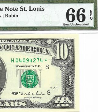 1995 $10 St Louis Star ⭐️ Frn,  Pmg Gem Uncirculated 66 Epq Banknote