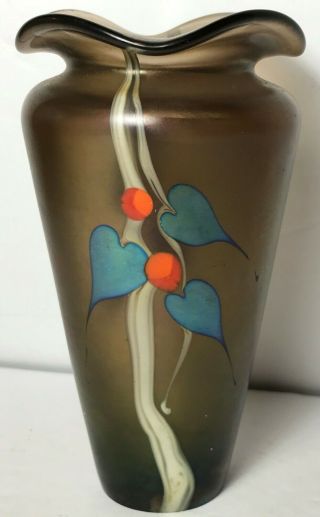 Early Stuart Abelman Studio Art Glass Vase Iridescent Smoke Brown Heart Leaves