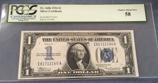 1934 $1 Blue Seal Silver Certificate Funny Back (fr.  1606) Pcgs 58 Au