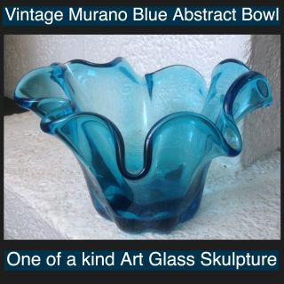 Vintage Blue Abstract Murano Bowl Hand Blown One Of A Kind Art Glass