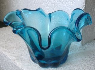 Vintage Blue Abstract Murano Bowl Hand Blown One Of A Kind Art Glass 2