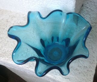 Vintage Blue Abstract Murano Bowl Hand Blown One Of A Kind Art Glass 3