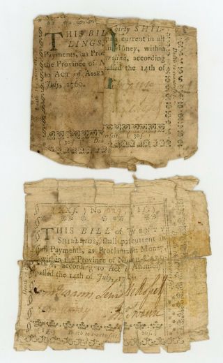(pair) July 14,  1760 20 & 30 Shillings North Carolina Colonial Currency Notes