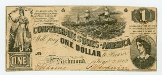 1862 T - 44 $1 The Confederate States Of America Note - Civil War Era