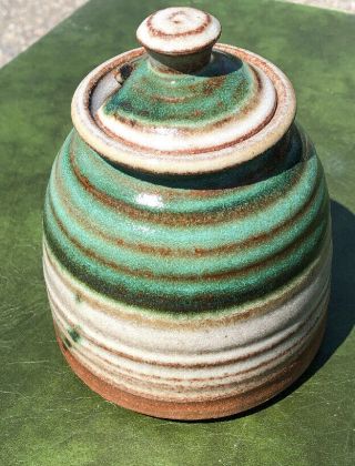 Studio Art Pottery Ceramic Stoneware Honey Jam Jelly Jar Brown Green Drip Signed