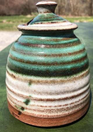 Studio Art Pottery Ceramic Stoneware Honey Jam Jelly Jar Brown Green Drip Signed 2