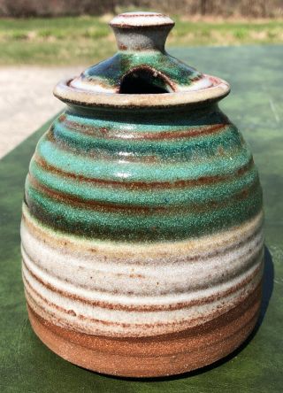 Studio Art Pottery Ceramic Stoneware Honey Jam Jelly Jar Brown Green Drip Signed 3