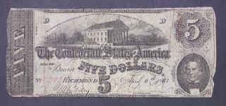 1863 The Confederate States Of America Authentic Five Dollar $5 Bill - Richmond
