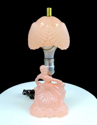 Le Smith Depression Glass Pink Dancing Lady Cameo 14 " Boudoir Lamp & Shade 1940s