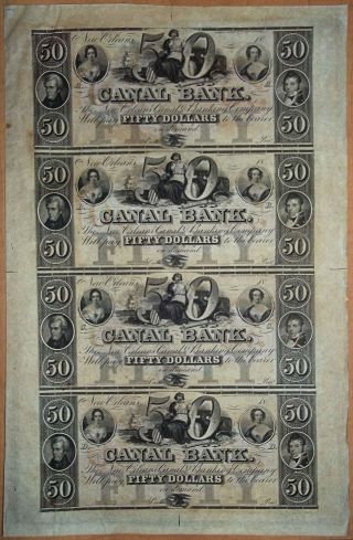 Canal Bank,  Orleans Uncut Sheet Of 4 X $50 18xx Series A,  B,  C And D