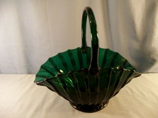 Huge L.  E.  Smith Green Glass Basket W/ Ribbed Pattern - 12 " Tall
