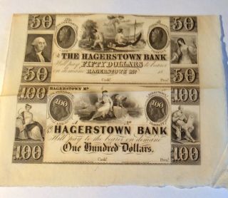 1800’s Hagerstown Bank,  Uncut Sheet $50 & $100,  Hagerstown Md - Obsolete Curre