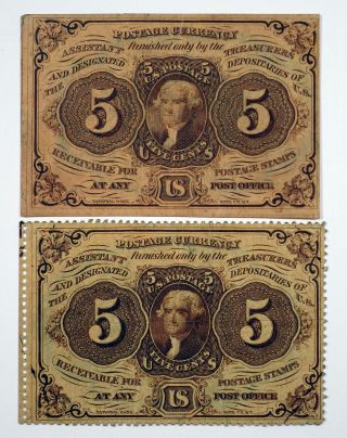 U.  S.  Fractional Currency 1st Issue Pair 5 Cents,  Perf & Imperf Both Choice Vf - Xf