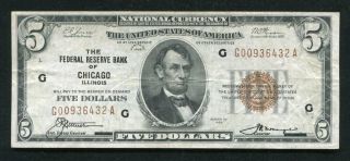 Fr.  1850 - G 1929 $5 Frbn Federal Reserve Bank Note Chicago,  Il Very Fine