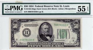 $50 1934 Federal Reserve Note St.  Louis Fr 2102 - Hdgs Dark Green Pmg 55 Epq