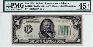 $50 1934 Federal Reserve Note Atlanta Fr 2102 - Fdgs Dark Green Pmg 45 Epq