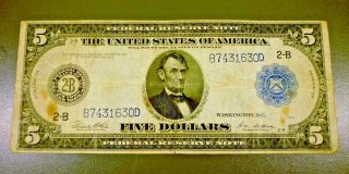 1914 $5 Federal Reserve Bank York District Note B7431630d