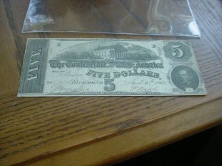 $5 Five Dollars April 1863 Confederates States America Authentic Cw Richmond