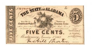 1863 State Of Alabama (montgomery,  Al) Treasury Note Scrip Five Cents