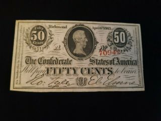 April 6th 1863 Confederate States Of America 50 Cent Vf Grade 1