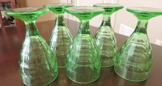 5 Water Goblets Green Depression Glass Block Optic Colonial Uranium Vaseline