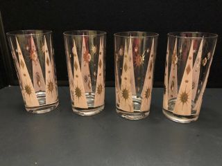 Mid Century Fred Press Pink & Gold Atomic Starburst Beverage Glasses Set Of 4
