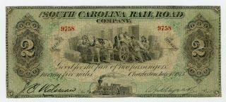 1873 $2 The South Carolina Rail Road Company " Fare Ticket " Note W/ Train