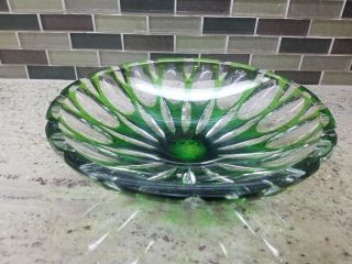 Vintage Bohemian Green Crystal Hand Cut To Clear Bowl