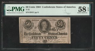 1864 50¢ Confederate States Note – Pmg Choice About Uncirculated 58 Epq