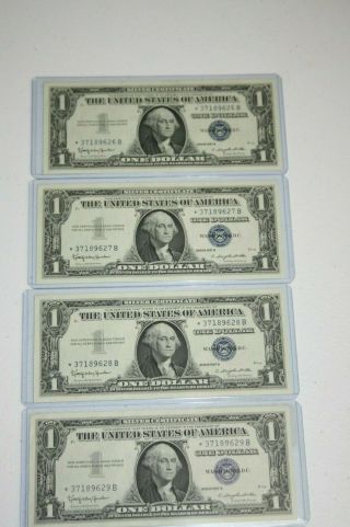 Set Of 4 1957b $1 Star Silver Certificates Consecutive Serial Numbers Cond