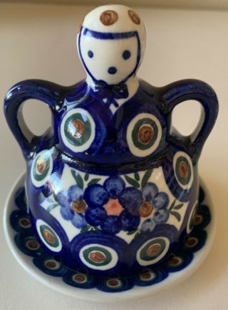 Boleslawiec Polish Pottery 4” Cheese/butter Dish Lady “peacock Leaves” Flowers