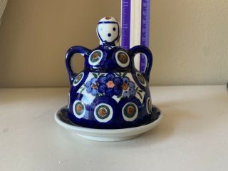 Boleslawiec Polish Pottery 4” Cheese/Butter Dish Lady “Peacock Leaves” Flowers 2