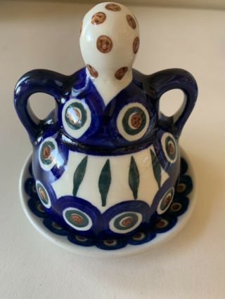 Boleslawiec Polish Pottery 4” Cheese/Butter Dish Lady “Peacock Leaves” Flowers 3